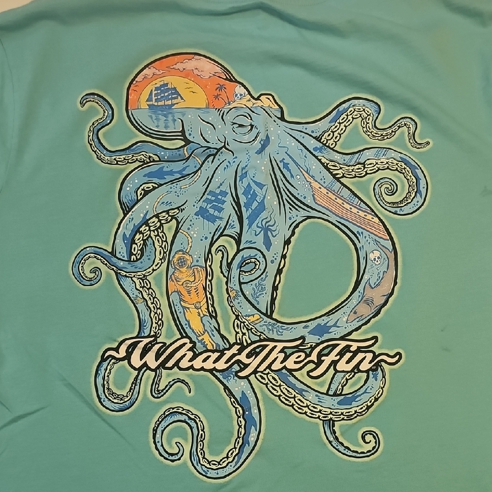 What The Fin Teal Graphic Octopus T-Shirt Men Size XL